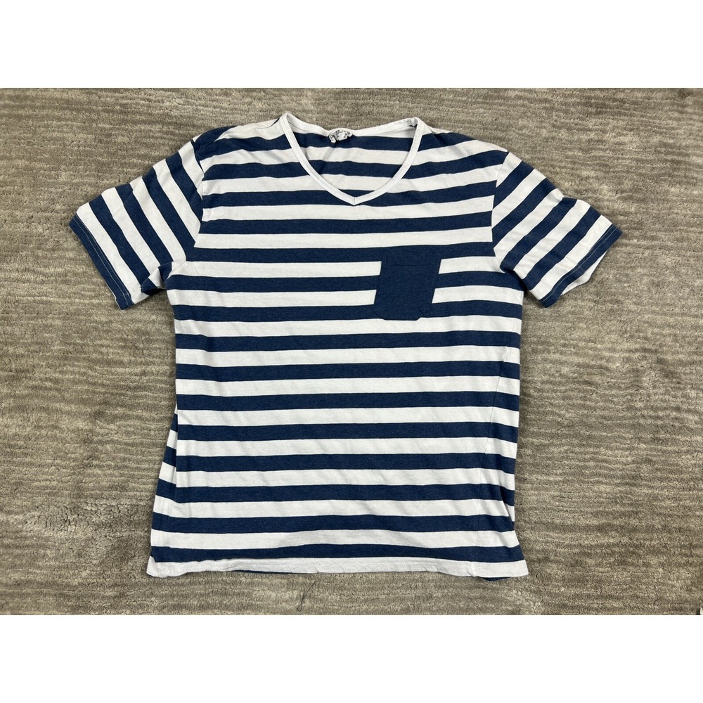Royal Class T-Shirt Mens M Blue Striped V-Neck Organic Cotton Pocket Tee Casual